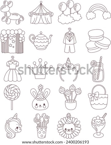 The theme of this icon set is Birthday. Circus show doodle icon. Colection of birthday party images. Decoration of carnival clip art with candies, cake,  and cute animals. Happy birthday icon set. 