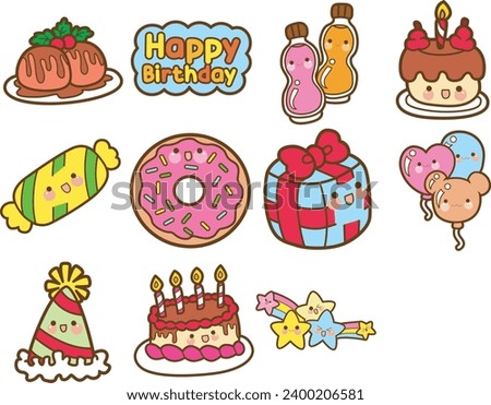 The theme of this icon set is Birthday. Circus show doodle icon. Colection of birthday party images. Decoration of carnival clip art with candies, cake,  and cute balloons. Happy birthday icon set. 