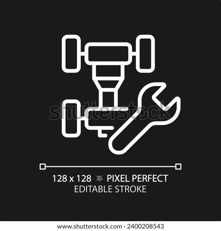 2D pixel perfect editable white car chassis repair icon, isolated vector, thin line simple illustration representing car service and repair.