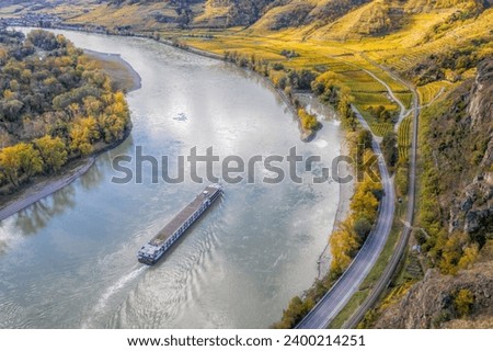 Panorama of Wachau valley (UNESCO) with ship on Danube river near the Durnstein village in Lower Austria, Austria Royalty-Free Stock Photo #2400214251