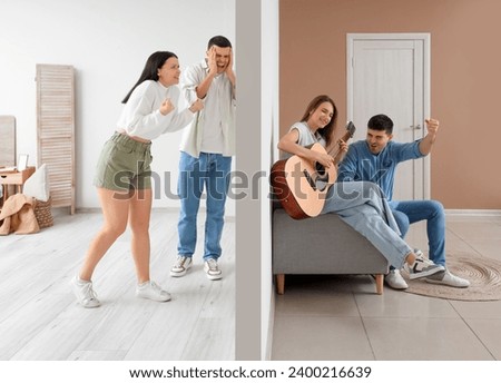 Young couple suffering from loud neighbours singing at home Royalty-Free Stock Photo #2400216639