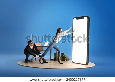 New opportunities. Man holding smiling woman running into giant 3D model of phone with empty screen over blue background. Concept of business, promotion, sales. Mockup for text, ad, design, logo