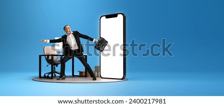 Photo and 3D illustration. Businessman standing near giant 3D model of mobile phone with empty screen over blue background. Concept of business, achievement. Mockup for text, ad, design, logo