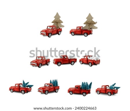 Set of red isolated cars with Christmas trees and snowballs, toys for christmas. Toy cars on white background, decoration, pickup trucks with holiday decorations, snow, green firs