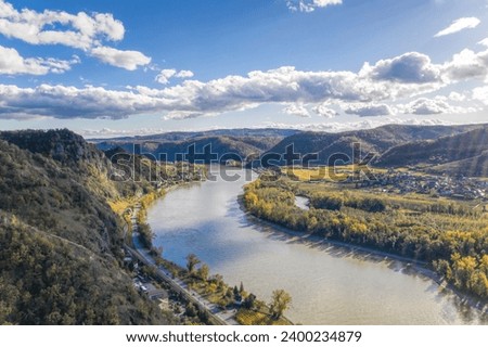 Panorama of Wachau valley (UNESCO) during autumn with Danube river near the Durnstein village in Lower Austria, Austria Royalty-Free Stock Photo #2400234879