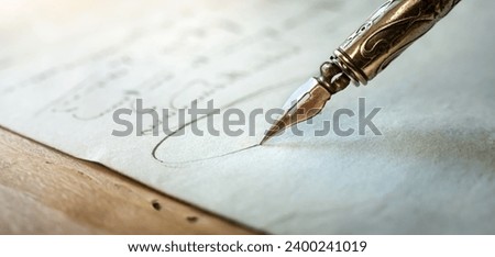 Fountain pen on an antique handwritten letter. Vintage nib pen and handwritten english cursive style font copperplate, spencerian. Old history background. Retro style. Royalty-Free Stock Photo #2400241019