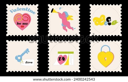 Set Valentines day cartoon retro posters in groovy style. Hippie acid 90s elements, hearts, characters, vector square stamps stickers.