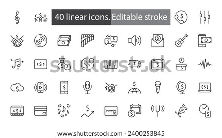 Set of Music Related Vector Line Icons. Contains such Icons as Pan Flute, Piano, Guitar, Treble Clef, In-ear and more. Editable Stroke. 32x32 Pixels