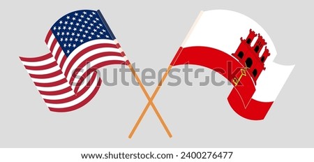 Crossed and waving flags of the USA and Gibraltar. Vector illustration
