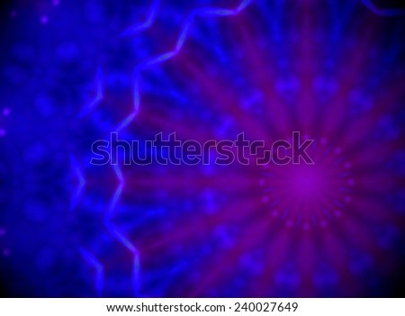 Geometric blue and purple pattern on a black background, with symmetric rays forming a concentric abstract representation, among others usable as decorative design on products or wallpaper