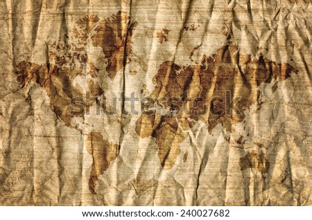 World map on aged paper texture background.