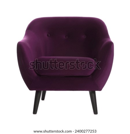 One comfortable dark purple armchair isolated on white Royalty-Free Stock Photo #2400277253