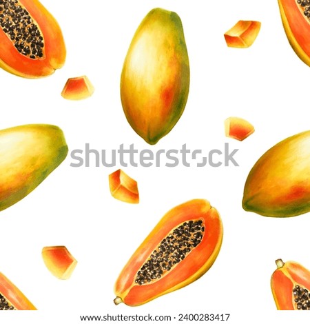 Watercolor sweet ripe seamless pattern with half a papaya and grains. Hand drawn realistic tasty organic illustration of exotic tropical fruit isolated on background. For designers, wedding, decoratio