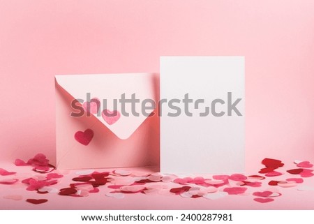 Pink envelope and blank form with paper pink hearts on a pink background. Valentine's Day card.Copy space.