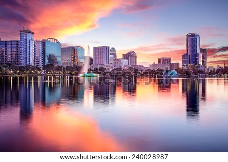 Orlando, Florida, USA downtown city skyline from Eola Park. Royalty-Free Stock Photo #240028987