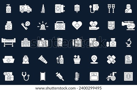 Set white Icons of Medical Assistance Related Vector Simple.  Contains such Icons as Crutches, Xray, Hospital Locator, Ambulance and more
