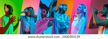 Cheerful young men and women listening to music in headphones, singing, dancing over multicolored background in neon light. Collage. Concept of human emotion, music, youth, fun and joy