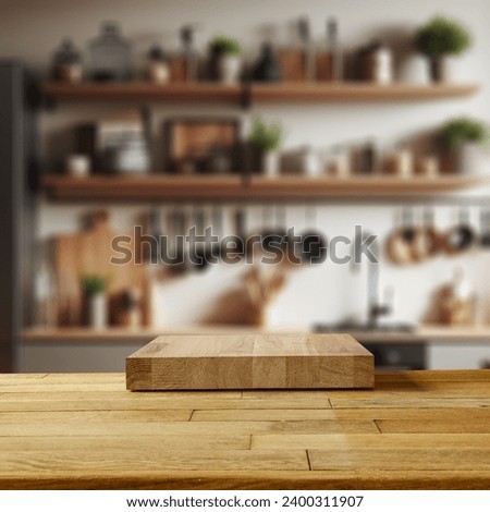 Wooden board with wooden pedestal and free space for your decoration. Kitchen interior with shelfs. Sun natural light and shadows. Mockup place for your products. 