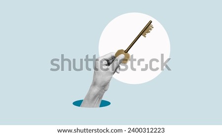 Secret to success. Collage with human hand holding golden key. Abstract business concept to solve problem, find solution, get success or find key strategy Royalty-Free Stock Photo #2400312223