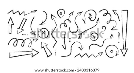 Set of charcoal arrows. Hand drawn arrows, punctuation marks. Doodle vector illustration. 