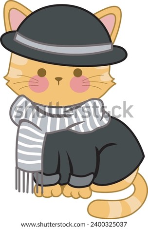 The theme of this illustration is Cat. Animals stock vector. Cat with winter outfit. Meow clip art cute cartoon. Vector mascot illustration kitty design. Merry christmas and happy new year. Little cat