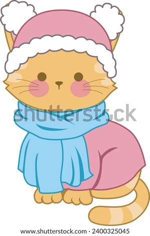 The theme of this illustration is Cat. Animals stock vector. Cat with winter outfit. Meow clip art cute cartoon. Vector mascot illustration kitty design. Merry christmas and happy new year. Little cat