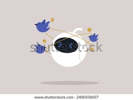 A cute white robot feeling dizzy with blue birds and yellow stars orbiting around their head