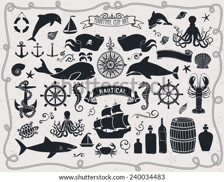 Maritime Clip Art - Set of nautical icons and design elements, including pirate flag, ship wheel, seahorse, sailing boats, octopus, seashells, whale, shark and dolphin; black and white