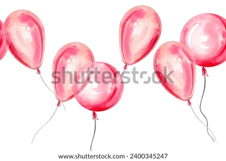 watercolor hand drawn seamless border with air different pink transparent balloons, sketch of event decoration isolated on white background