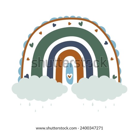 Trendy baby rainbow. Pastel stylish rainbow with decorated hearts, clouds and rain isolated on white background. Cute abstract kids illustration, boho childish design. Clipart vector illustration