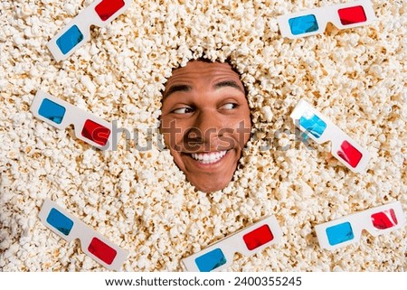 Top close up photo of funky positive guy look many 3d spectacles advertising cinema film sales isolated on pop corn background