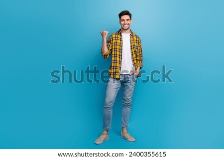 Full body size photo of businessman in casual clothing direct finger mockup recommend click website page isolated on blue color background