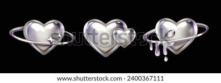 3D chrome heart y2k shape set, vector silver liquid love icon futuristic metal glossy steel sticker. Future galaxy retro aesthetic trendy objects cyber metallic reflection cosmic collection. 3D chrome Royalty-Free Stock Photo #2400367111