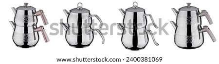 Traditional Turkish style stainless steel teapot set, teapot collection, as a turkish "Demlikli Çaydanlık", with a clipping path