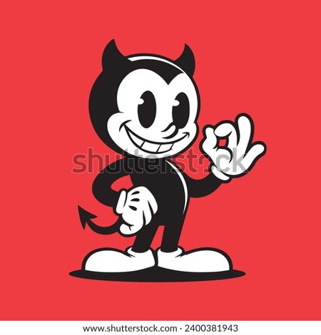 Vintage cartoon devil mascot, vector illustration. Retro logo, ads character design. Royalty-Free Stock Photo #2400381943