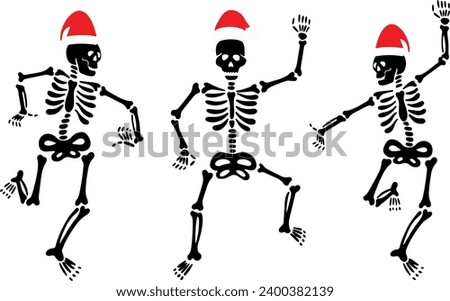 Dancing Skeletons Santa Hats Christmas clip art design for T-shirts and apparel, holiday art on plain white background for shirt, hoodie, sweatshirt, card, tag, mug, icon, logo or badge
