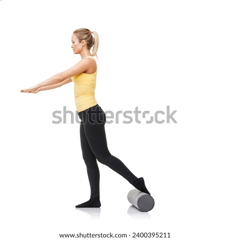 Studio, foam roller and woman training for leg strength challenge, balance or rehabilitation fitness. Pilates, mockup space or girl workout for body wellness, recovery or activity on white background