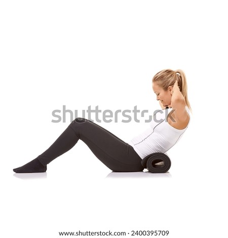 Woman, situp and training with mat in studio profile, stretching and stomach for fitness by white background. Girl, strong abdomen and workout for smile, thinking or muscle with mockup space on floor