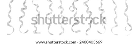 Silver ribbon satin bow scroll set isolated on white background with clipping path for Christmas and wedding card confetti design decoration 