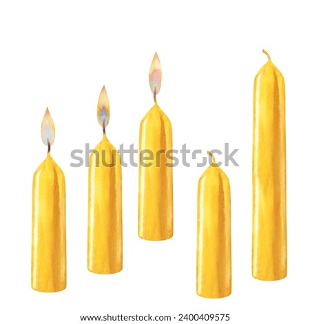 Watercolor yellow vertical short and long candles with flames of different types and without flames for Christmas, Candlemas, wedding, birthday, Easter, magic, memorial day, spa and relaxation