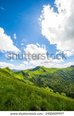 Vertical view of volcanic mountains (Puy Mary, Massif Central, France). Photography taken in France