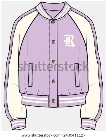 CROP LENGTH VARSITY BOMBER JACKET WITH WELT POCKET DETAIL DESIGNED FOR WOMEN AND TEEN GIRLS IN  VECTOR ILLUSTRATION FILE Royalty-Free Stock Photo #2400411127