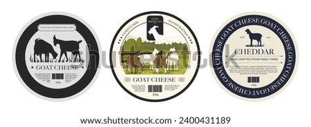 Goat cheese labels. Organic cheddar cheese slices, cartoon goat mozzarella products with labels for food packaging, dairy farm food concept. Vector set of cheese label illustration Royalty-Free Stock Photo #2400431189