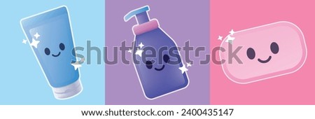 Cute Hygiene Characters Set - Soap, Liquid Soap Bottle, and Hand Cream Package - Playful, Flat Design for Business Icons, Skincare and Bath Time