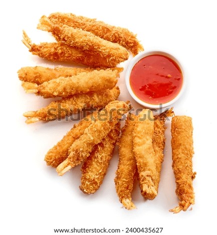 breaded Torpedo shrimps and sweet chili sauce isolated on white background, top view Royalty-Free Stock Photo #2400435627