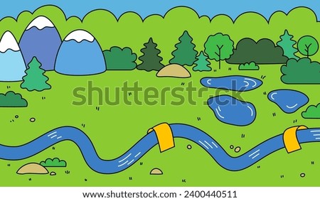 Cartoon Landscape Background with River, Meadow, Forest and Mountains. Vector Nature Illustration 
