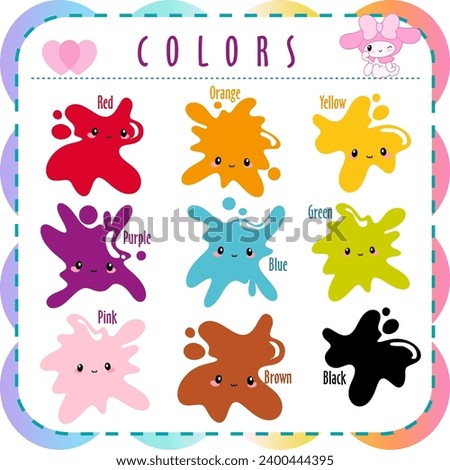 Set of color elements. Comic cartoon characters for children colors education. Basic rainbow colors game. Vector illustration