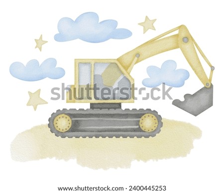 Excavator Watercolor illustration. Hand drawn clip art of Digger on isolated background. Baby toy car sketch. Truck drawing for prints on a boy's clothes. Painting of loader for construction.