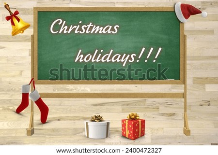 3d rendering on a wooden background of a blackboard with the inscription Christmas holidays, gift boxes, New Year's decor elements