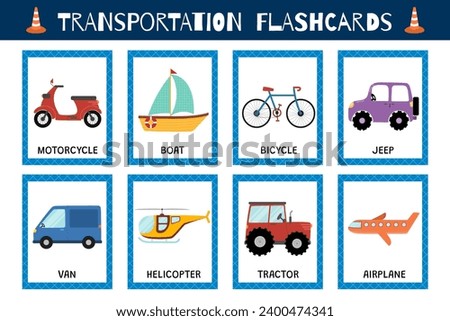 Transportation flashcards collection for kids. Vehicles flash cards set for school and preschool. Van, motorcycle, tractor and other cars. Vector illustration